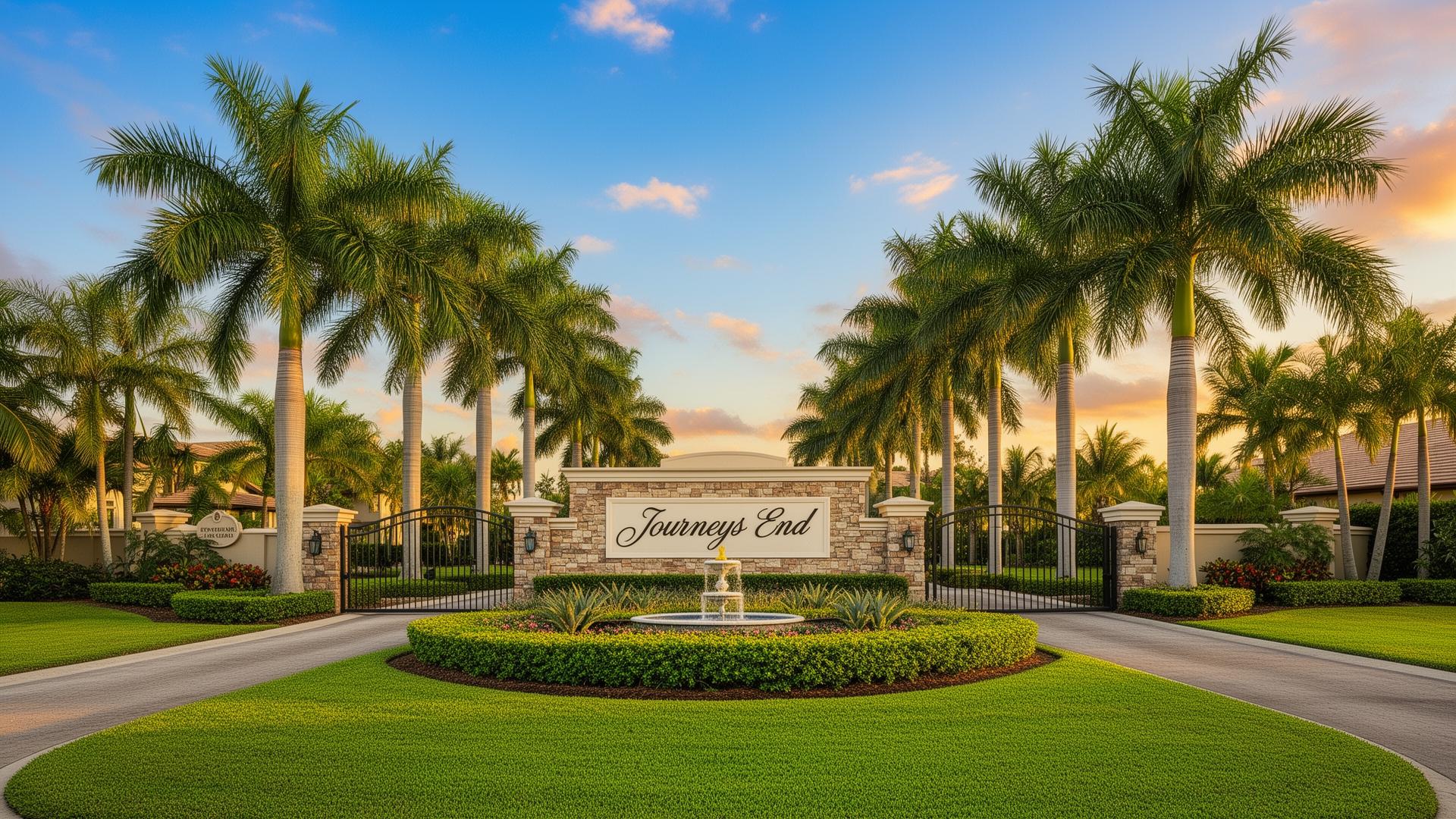 Journeys End guard-gated community entrance with palm-lined drive in Lake Worth Florida