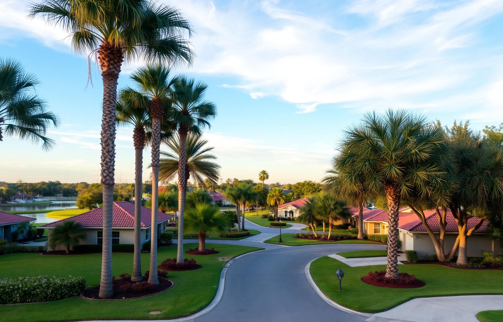 Springs of Lake Worth community entrance with palm-lined streets and lakefront homes in Lake Worth Florida